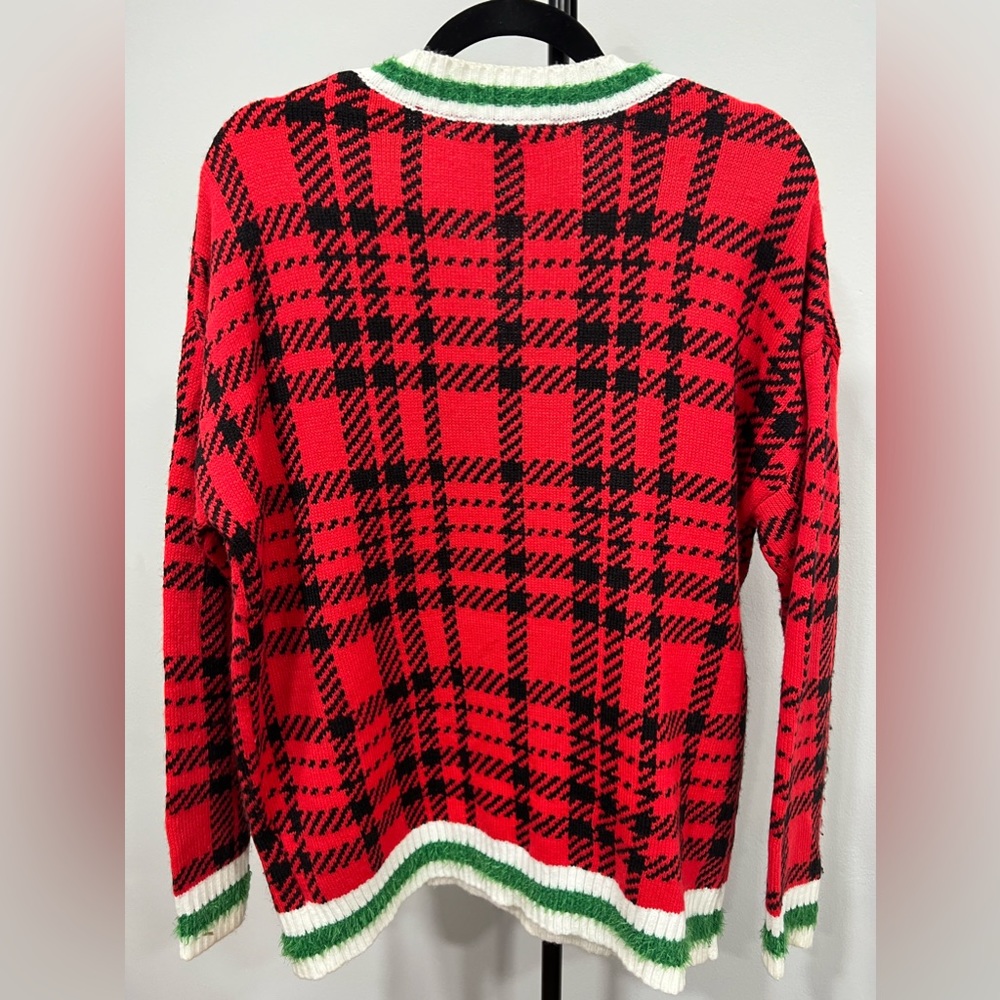 Merry Christmas 3-D Spell Out Embellished Plaid Holiday UGLY Sweater Bling - Picture 4 of 6